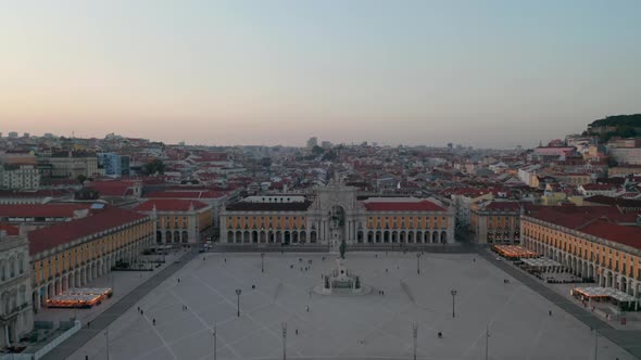 Aerial Dolly in of Praca Do Comercio Square with Arco Da Rua Augusta Building and Monument on the