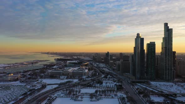 Chicago Skyline and Michigan Lake at Sunset in Winter