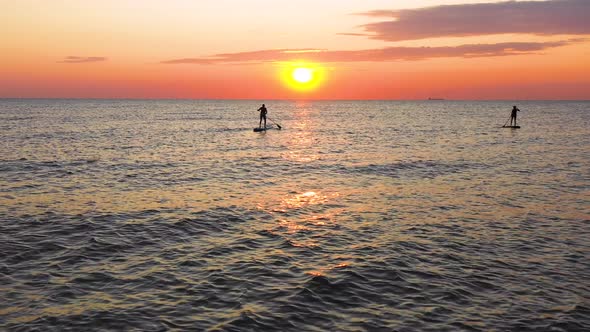 Stand Up paddlers enjoy the sunset on the sea. Couple silhouettes paddling together.