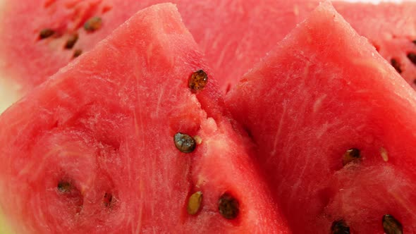 Close Up Juicy Watermelon Sliced In A Triangle Twist, Slice Red Watermelon Fruit On A White
