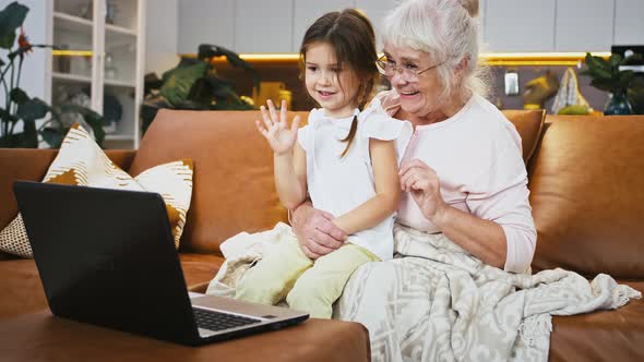 Grandmother is Smiling and Showing Something on Laptop to Her Granddaughter Sitting on Couch in