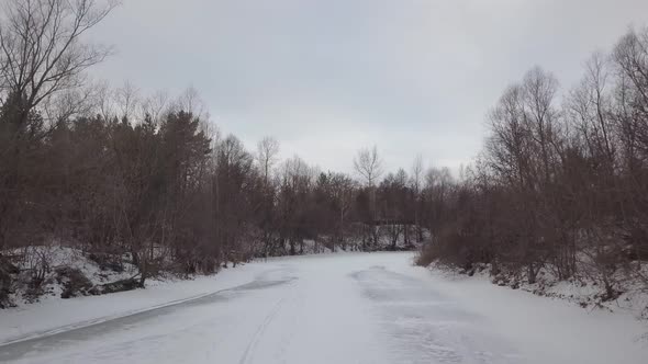 Winter in Forest, Camera Is Flying Over Frozen River in Daytime