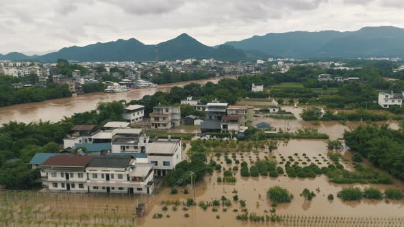 Flooded Residential Area in Guilin, China, Natural Disaster from Drone