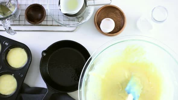 Step by step. Preparing traditional sweet cornbread from organic ingredients