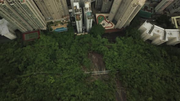 Tilt up aerial view of Hong Kong city revealing the harbour