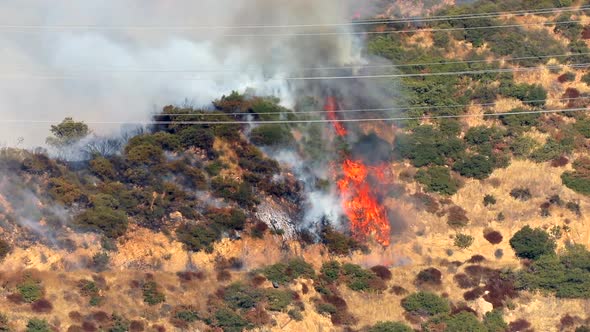 Wildfire in California, USA. Destructive Fire and Thick Puffs of Smoke Are Seen on the Hills.