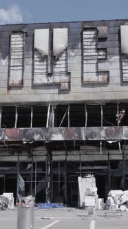 Vertical Video of a Burnt Shopping Center During the War in Bucha Ukraine