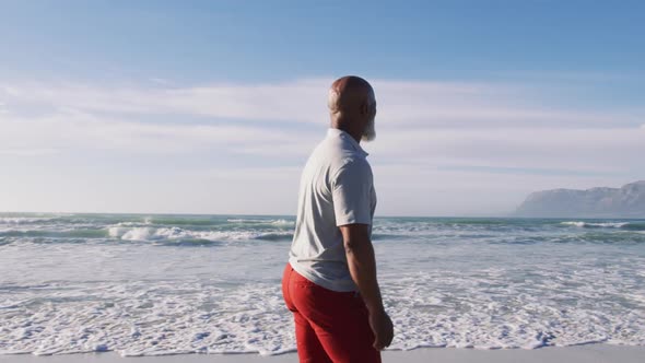 Senior african american man walking at the beach