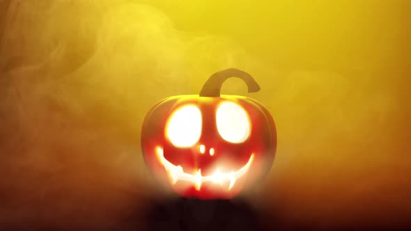 Halloween Pumpkin enlighted with candle lantern in yellow smoky atmosphere