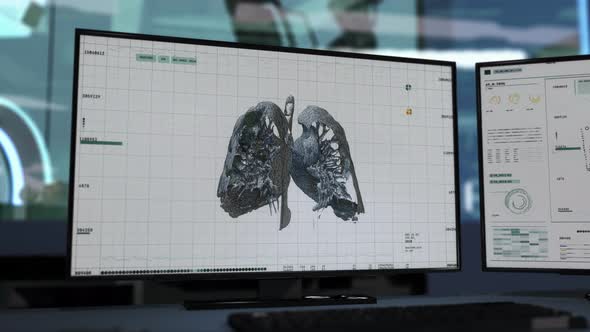 Lung image appearing on screen. Diagnosis of a disease. Covid-19 pneumonia. UI alt
