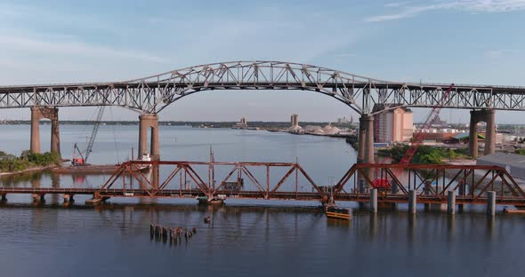 Crane shot of the Calcasieu River Bridge in Lake Charles, Louisiana