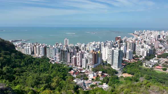 Aerial cityscape of downtown Vitoria state of Espirito Santo Brazil. Bulldings and avenues landmark