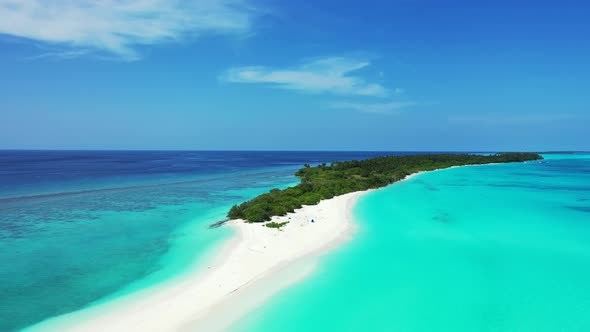 Tropical drone copy space shot of a sandy white paradise beach and aqua turquoise water background i