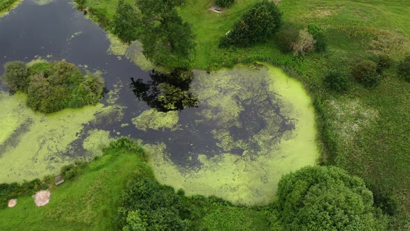 An aerial view of small fishing pools in the Worcestershire countryside, ENgland.