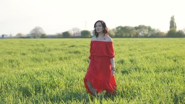 Beautiful Young Woman in a Red Dress Walks in a Green Wheat Field at Sunset or Dawn