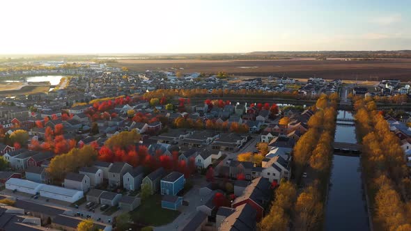 Colorful Fall Neighborhood Sunset In Suburbs Country Drone Shot 4K