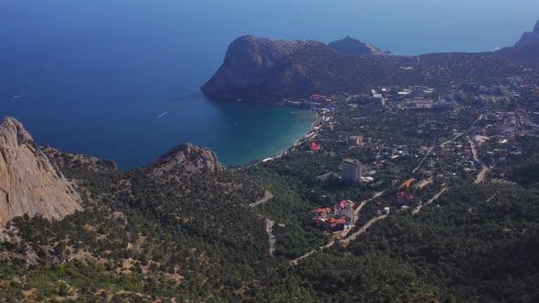 Beautiful Bay of the Black Sea in Crimea with Mountains and Forests. Aerial View