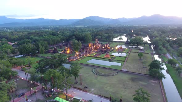 AERIAL SHOT OF SUKHOTHAI HISTORICAL PARK UNESCO WORLD HERITAGE SITE IN THAILANDAT SUHKOTHAI PROVIN