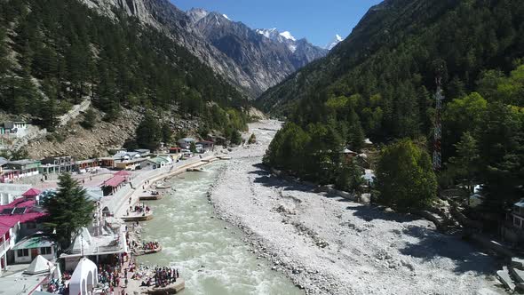 Gangotri village in the state of Uttarakhand in India seen from the sky