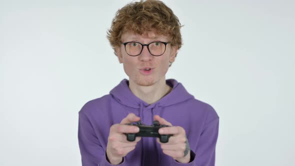 Redhead Young Man Playing Video Game White Background