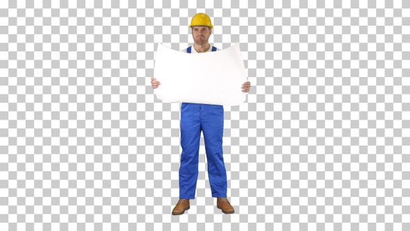 Construction Worker Checking Blueprints on Site, Alpha Channel