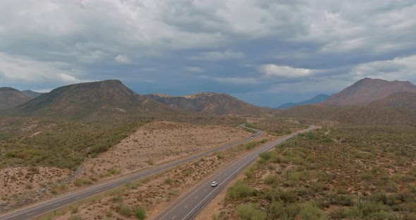 Panorama View of Long Desert Highway in Mountains Arizona Street Road