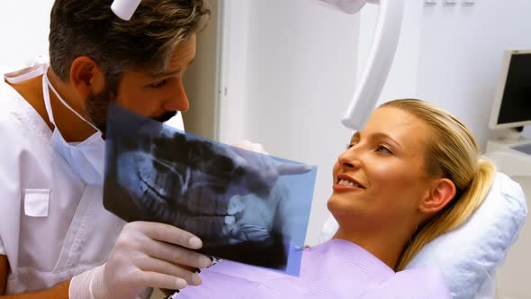 Dentist discussing x-ray with female patient