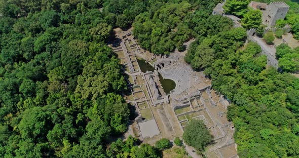 Shot Drone Cenital Butrint Roman Amphitheater and Ruins in Albania