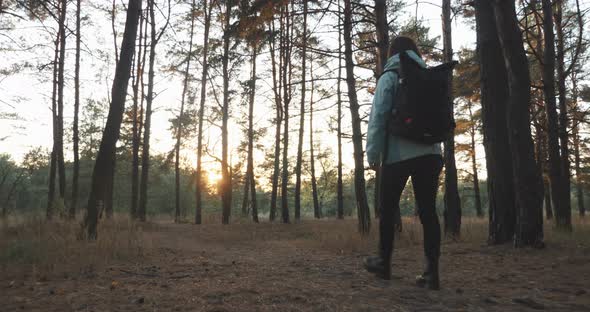 Young happy cute woman traveler in blue jacket with tourist backpack walking in fall forest