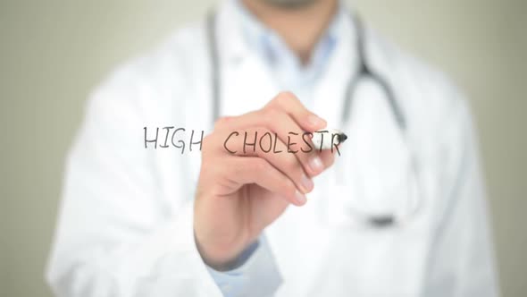 High Cholesterol, Doctor Writing on Transparent Screen alt