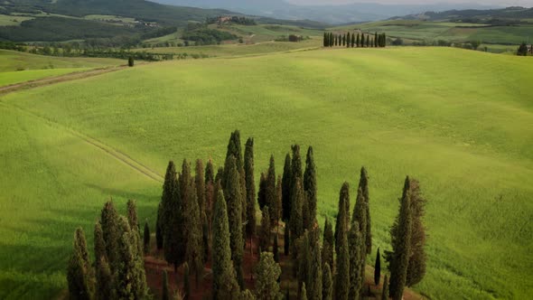 Flying over the amazing rolling hills of Tuscany Italy