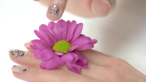 Manicured Hand Gently Touching Flower