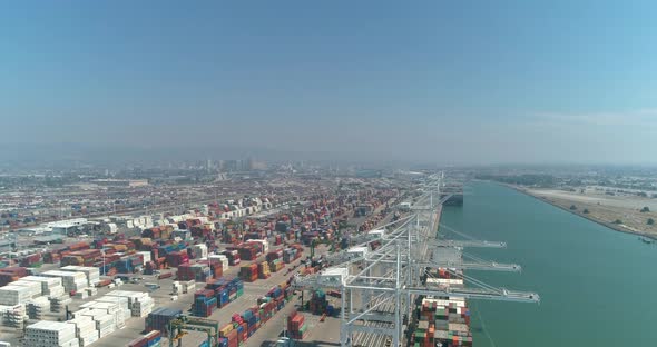 Aerial view of container ships and lifting cranes in the Port of Oakland California