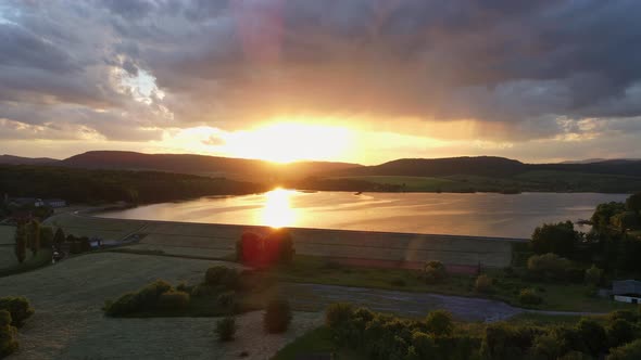 Aerial view of Teply vrch reservoir in Slovakia - Sunset