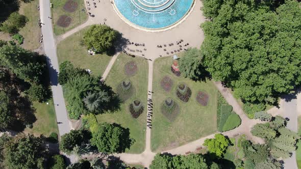 Drone shot of a musical fountain on Margaret island in Budapest, Hungary