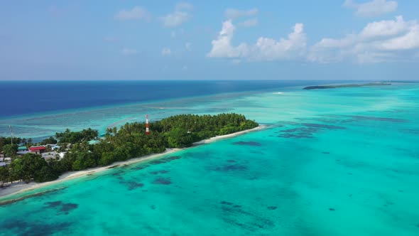 Aerial nature of idyllic bay beach holiday by blue ocean and clean sandy background of adventure in 