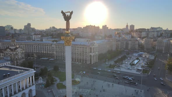 Monument in the Center of Kyiv, Ukraine, Maidan, Aerial View