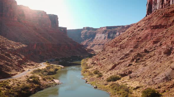 Aerial shot of the Colorado River as is passes thought Utah