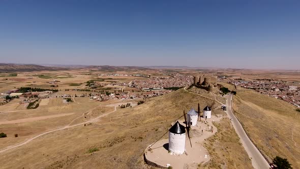 Aerial View of Don Quixote Windmills, Molino Rucio Consuegra in the Center of Spain