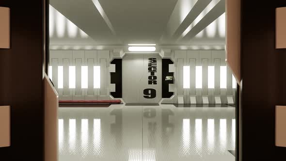 Interior of the spaceship. Futuristic corridor with the sliding door module.