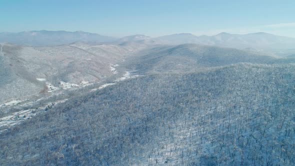 Aerial Winter Mountain Landscape of a Frozen Forest with Snow and Ice Covered Trees on a Sunny