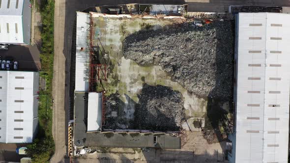 Aerial View of a Warehouse Destroyed By Fire and Filled with Waste Junk, Margate, Kent, UK