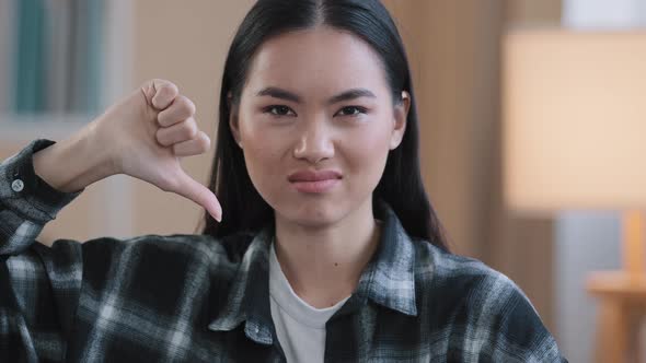 Close Up Asian Millennial Woman Korean Girl Wear Casual Plaid Shirt Looking at Camera Showing