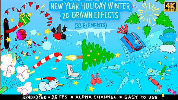 New Year Holiday Winter 2D Drawn Effects (33 Elements)