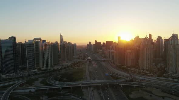 Aerial view of Dubai financial district at sunset, United Arab Emirates.