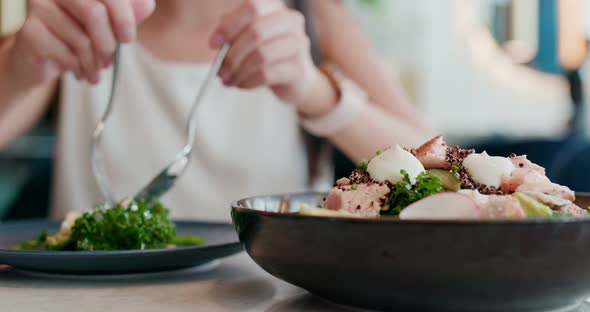 Woman Eat Salad Inside Restaurant