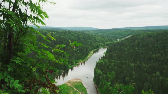 Panorama Calm River Surrounded Horizonless Evergreen Pine Forest Cloudy Gloomy Overcast Day