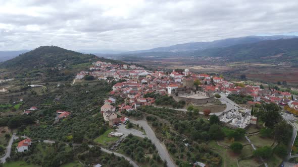 Belmonte historic village drone aerial view of castle in Portugal