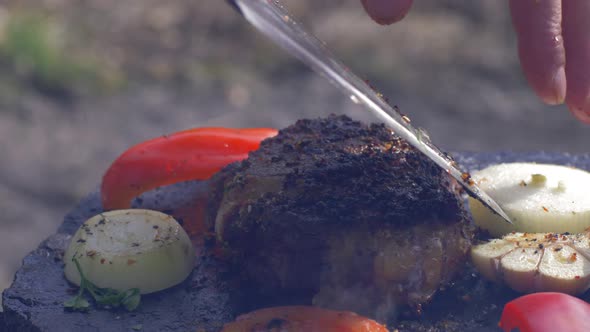 Picnic, Appetizing Succulent Beefsteak Fried on Bonfire on Hot Stone with Spice and Vegetables in