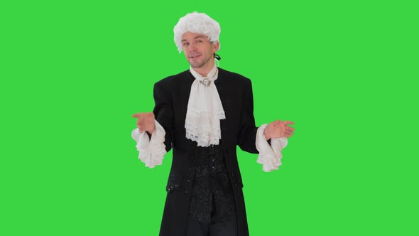 Man in Old-fashioned Frock Coat and White Wig Talking and Waiving with His Hands Theatrically